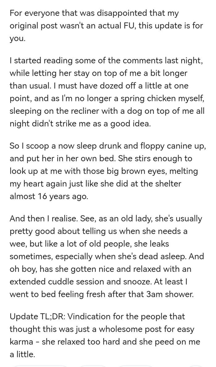 That cuddle was so comfortable for their dog that she peed on OP.