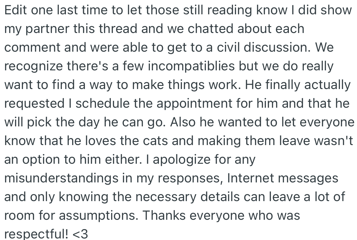 OP claimed to have shown this post to her partner was led to them having a discussion and making compromises for things to work.