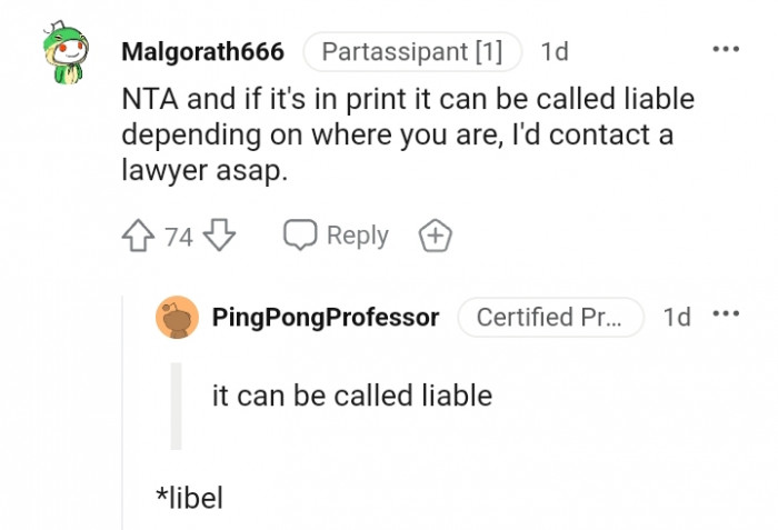 This Redditor would contact a lawyer as soon as possible