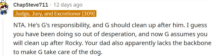 OP started cleaning after the dog, and now her brother counts on her to continue