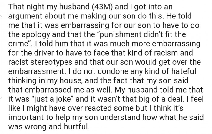 However, OP's husband felt the punishment didn't fit the crime