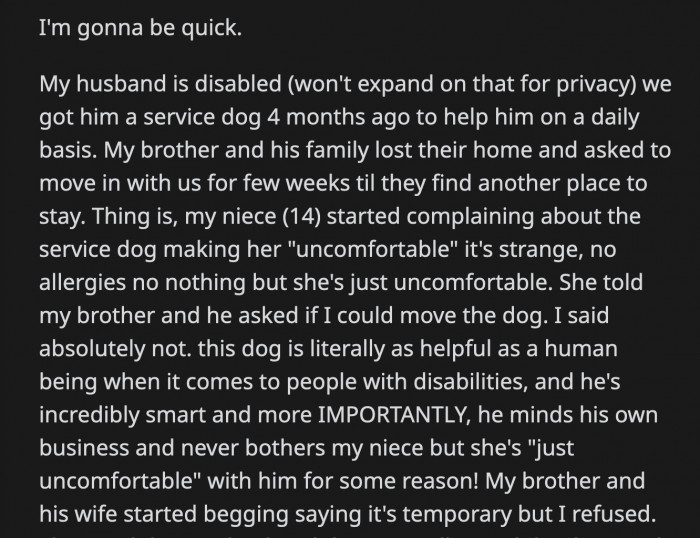 She accused OP of prioritizing the service dog over her own niece, and they continued arguing until her brother got home from work