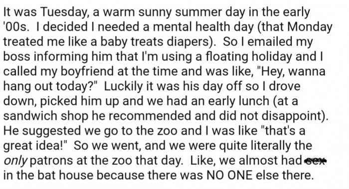 To set the scene, they ended up taking a random Tuesday off work and went to the zoo for a mental health day
