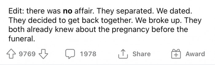 The Redditor later added an edit to her post to explain that the relationship she had with her ex was not an affair.