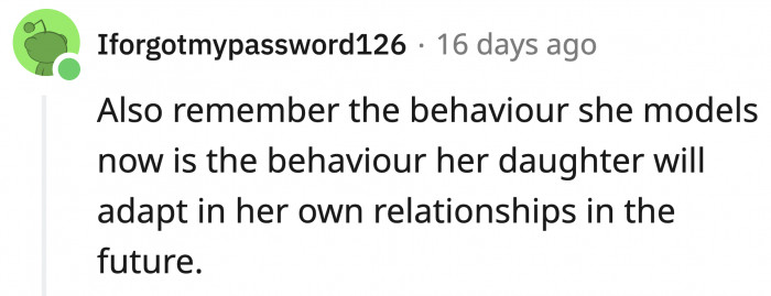 We learn about our boundaries and the way we perceive love from our parents. OP has to remember that for Ruby's sake.