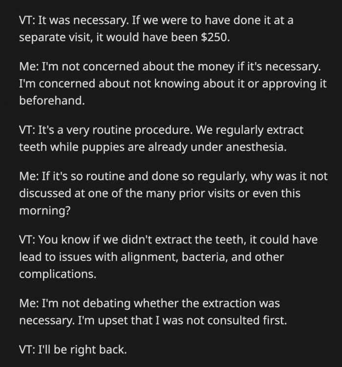 They waived the $20 because OP was not informed beforehand, but that vet tech couldn't quite grasp why OP felt blindsided.