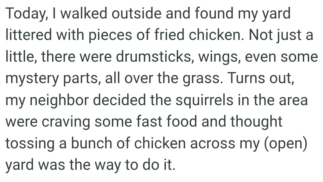 OP's neighbor decided the squirrels in the area were craving some fast food