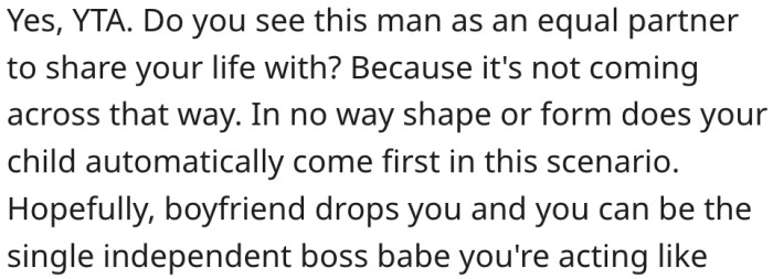 11. Her child doesn't come first in this context.