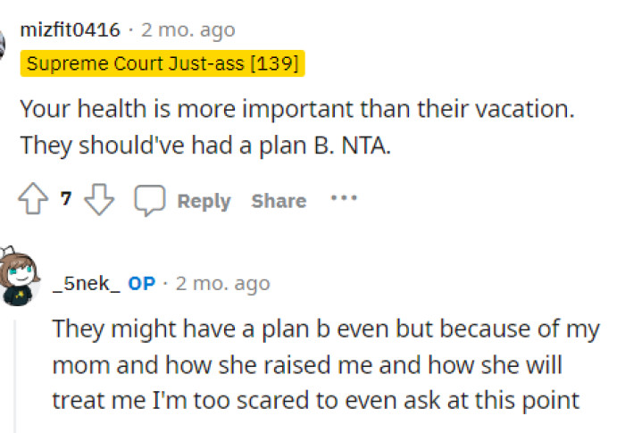 We don't think that OP is in the wrong here; they should be able to do whatever they want in this circumstance when it comes to their health.