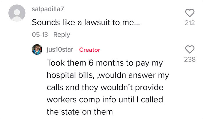 Justin further exposed the company, saying that they took six months to fully pay his hospital bills.