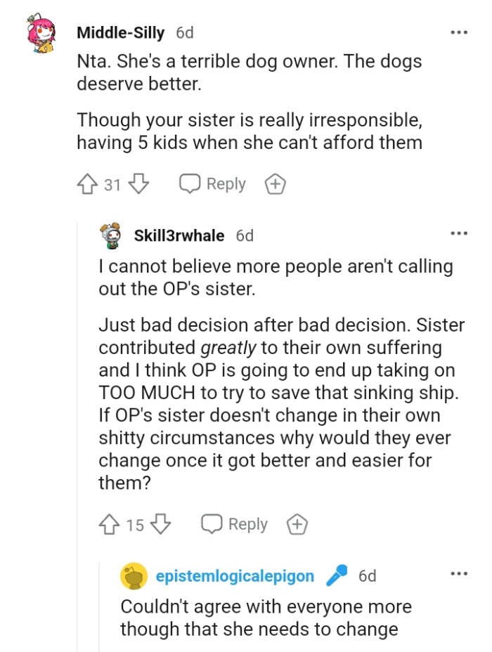 Why would the OP's sister have five kids when she can't afford them?