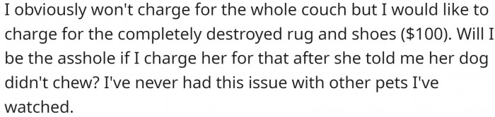 When OP got up in the middle of the night to check on the dog, she found her couch, rug, and shoes damaged. The damage is substantial, and now she asks if it would be okay to charge the client for that.