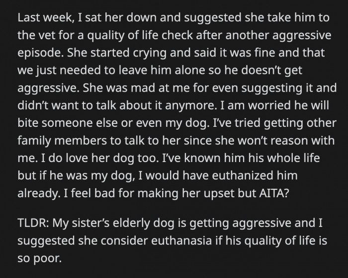 She talked to her sister about taking the dog to the vet for a quality of life check because he randomly snapped again.