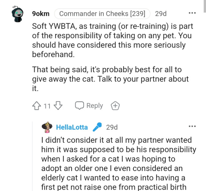 This Redditor also agrees that's its best for all to give away the cat