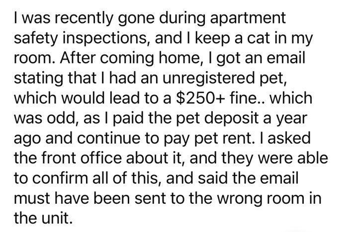 OP was surprised to get an email about an 'unregistered pet' in the apartment.