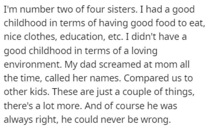 OP is one of four sisters and she grew in a toxic environment where her father was always screaming at her mom and calling her names