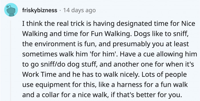 One of the best pieces of advice they offered is for OP to give her dog two kinds of distinguished walks, a walk where the dog needs to play nicely and another one where he can do what he wants