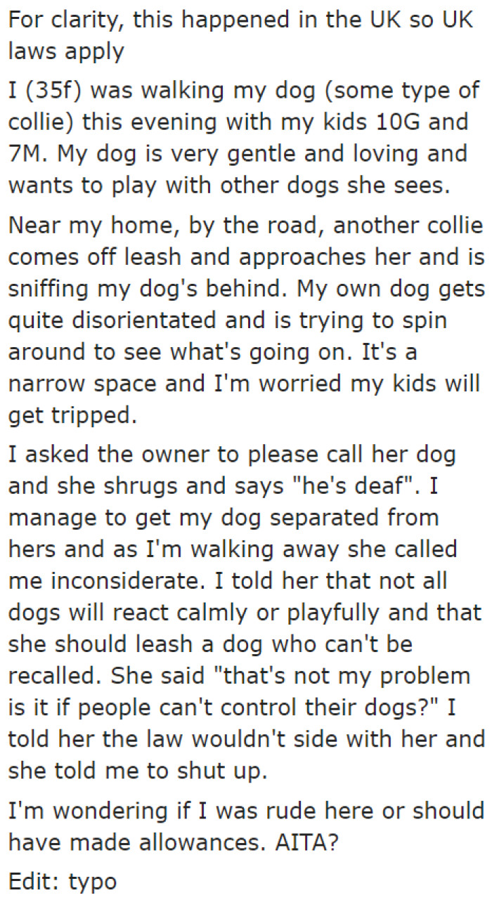 The OP tells the community that she has a playful dog. One night, she took it out for a walk with her children.