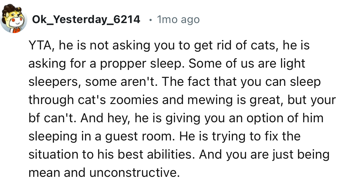 “The fact that you can sleep through the cats' zoomies and mewing is great, but your boyfriend can't.”