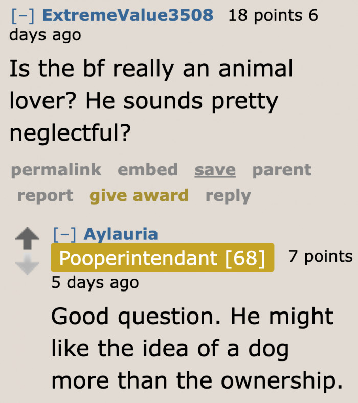 People are doubting the boyfriend because he's willing to use a dog as a punishment.