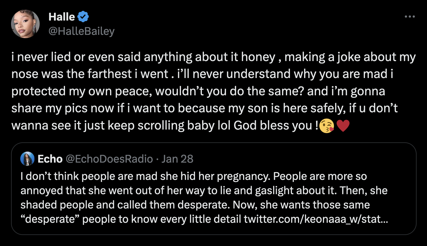 Halle said she never lied about her pregnancy. She joked about her nose and questioned why they were mad about her decision to protect her peace.