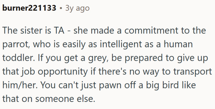 She made a commitment to the parrot, and they are very intelligent...