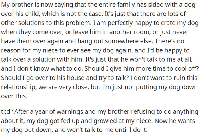OP thinks that solutions like creating a dog-free zone or separate visits could help.