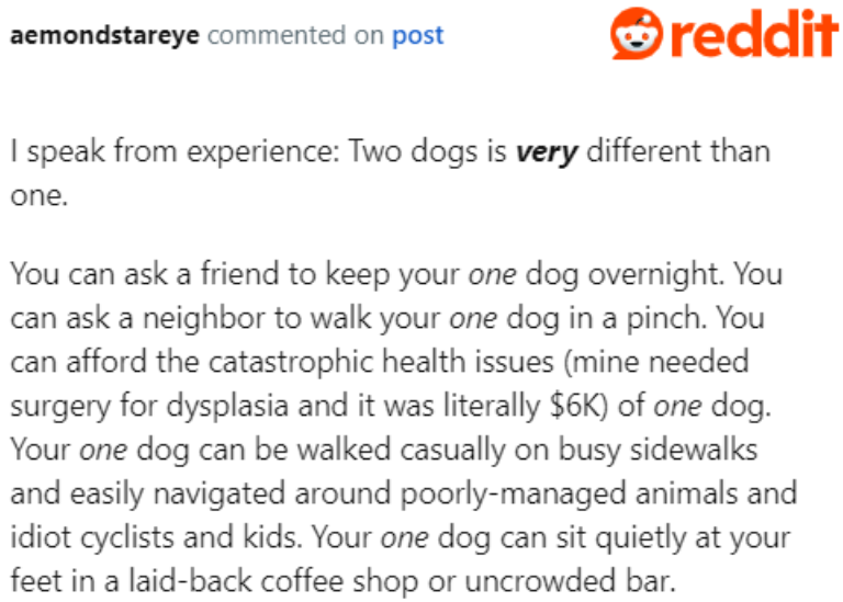 Have two dogs changes a lot of things.