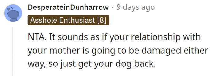 5. Their relationship is damaged either way, so it's better for OP to just get the dog back