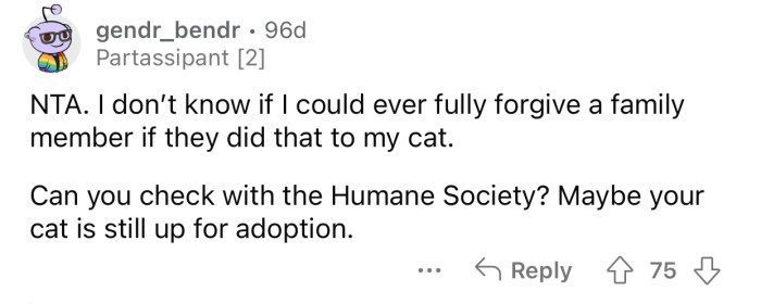 OP's cat could be up for adoption somewhere.