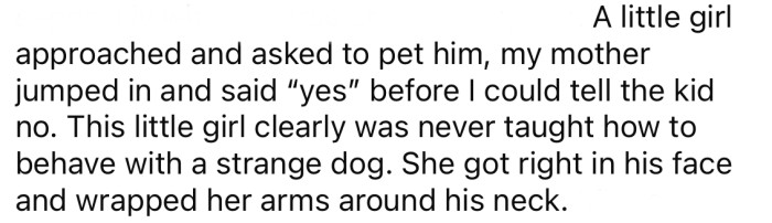 So, when a little girl asked if she could pet him, the OP was going to say no until her mother jumped in and said yes.
