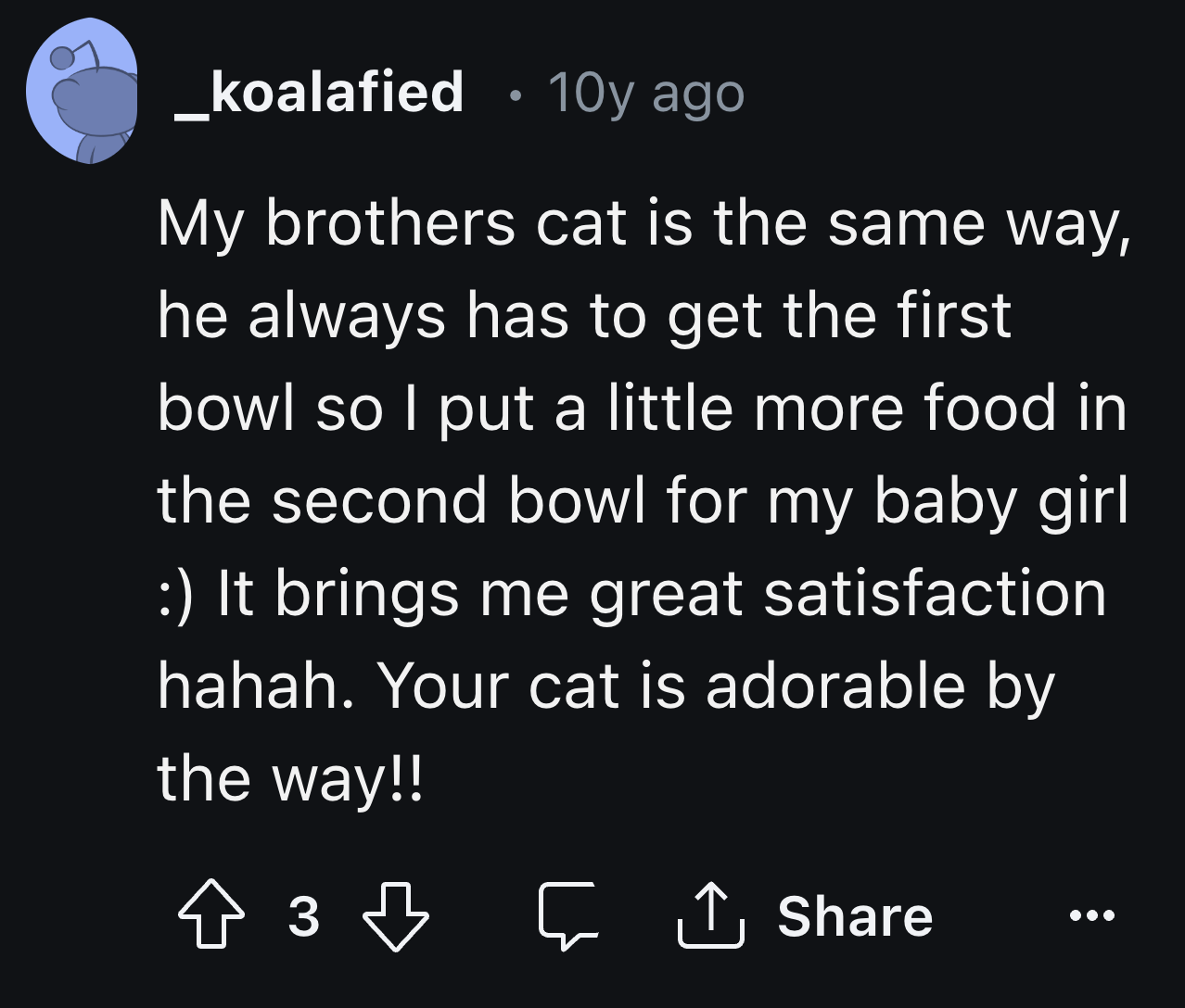 Sibling's cat commands bowl one, but extra treats in bowl two ensure victory for the baby girl.