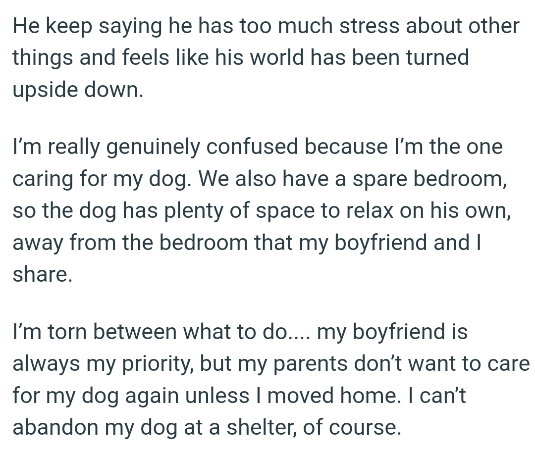 OP's parents don’t want to care for her dog again unless she moves home