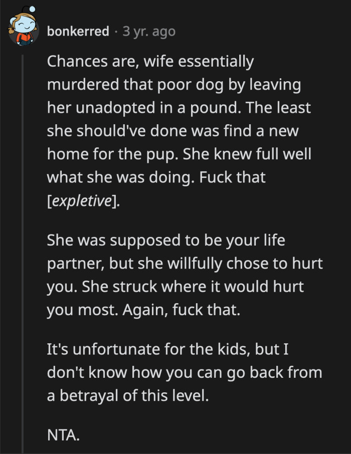 She could have given the dog to a deserving owner instead of dropping her off at a random pound where she wouldn't easily find a new home.