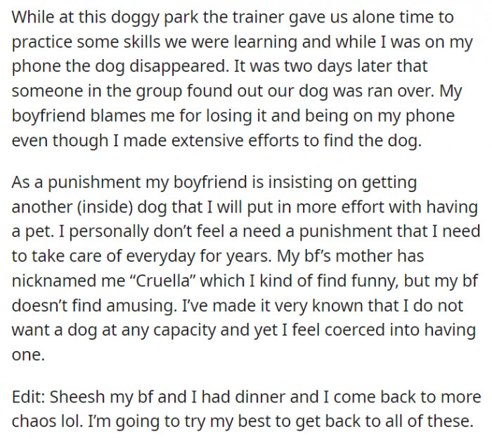 She was left to care for the dog. But that didn't end well.