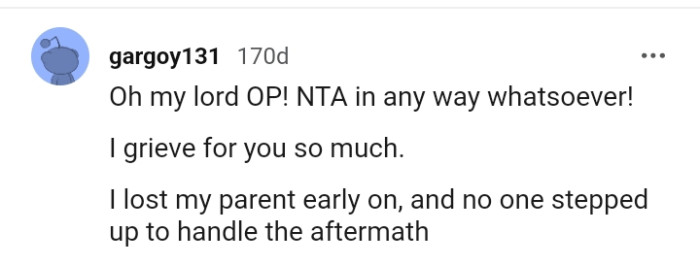 This Redditor also lost their parent early and no one stepped in for the aftermath