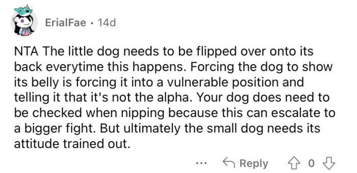 "The small dog needs its attitude trained out."