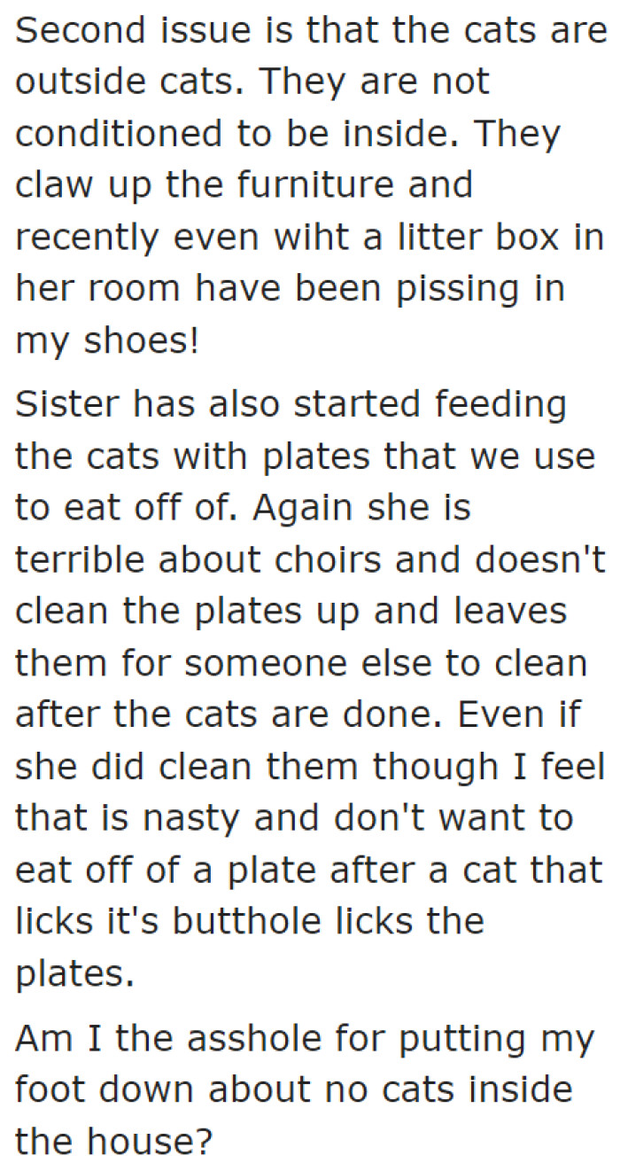 The OP believes that the cats aren't fit to be indoor cats since they've been living outdoors all their lives.
