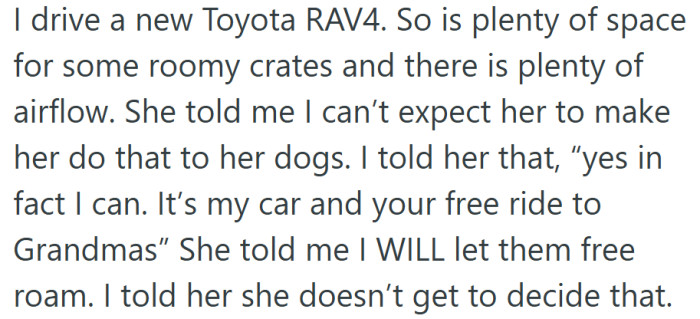 Even after explaining there was room for the dogs to ride safely, her sister insisted on getting her way.