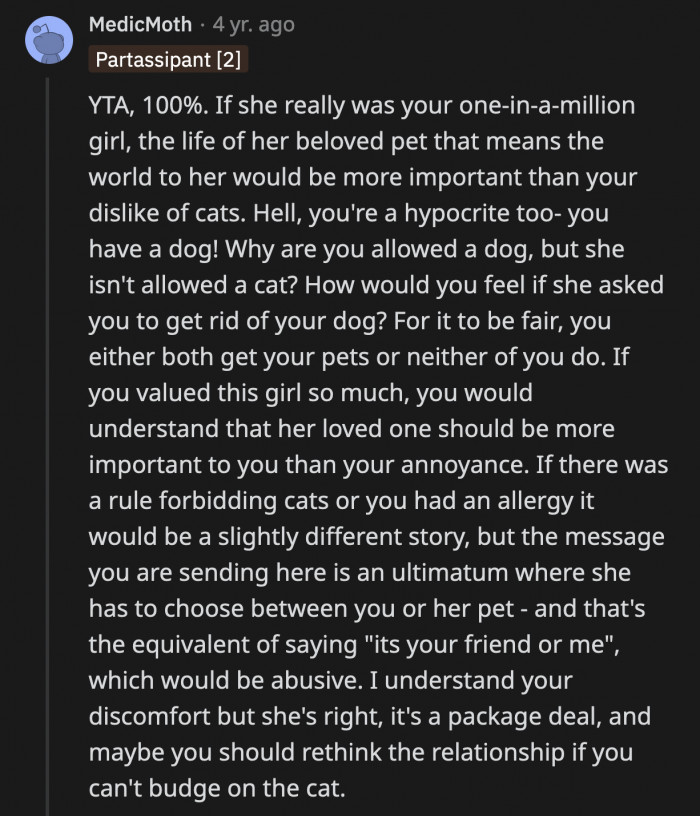 OP laid the first ultimatum; his GF was just rejecting what he put on the table. He put his GF in an impossible position of choosing between their relationship and her cat.