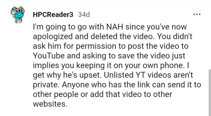 OP Didn't Ask for Permission to Post the Video to YouTube