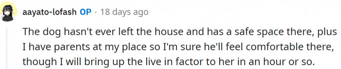 OP is thinking about taking the dog to her place