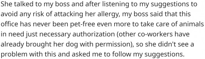 So they talked to their boss, and she didn't see a problem with the arrangements OP made