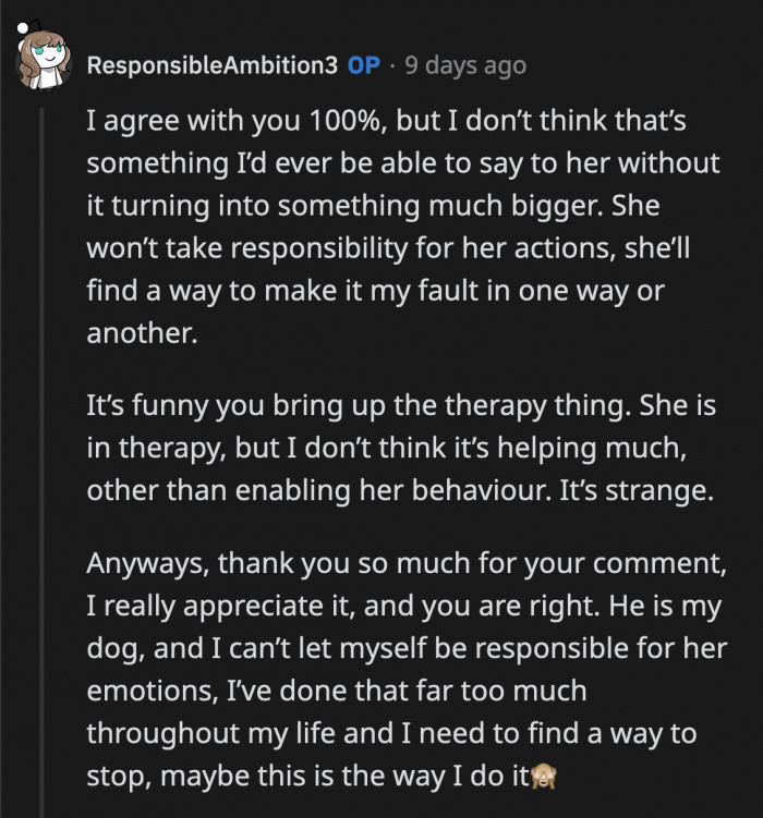 OP confirmed that her mom is actually in therapy, but it doesn't seem to be helping her get better