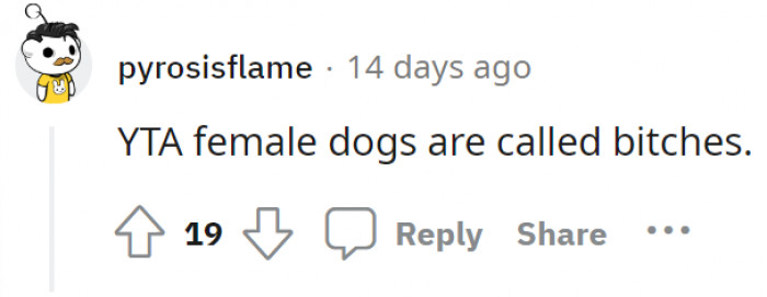 The simplest answer–bitch is what one calls female dogs. What more do you need?