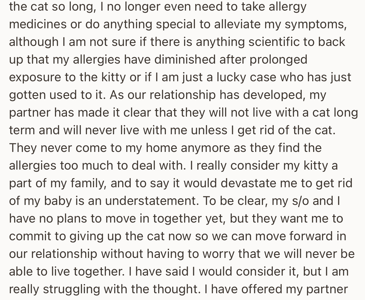 OP’s partner has also stopped visiting their home due to the constant allergic reactions