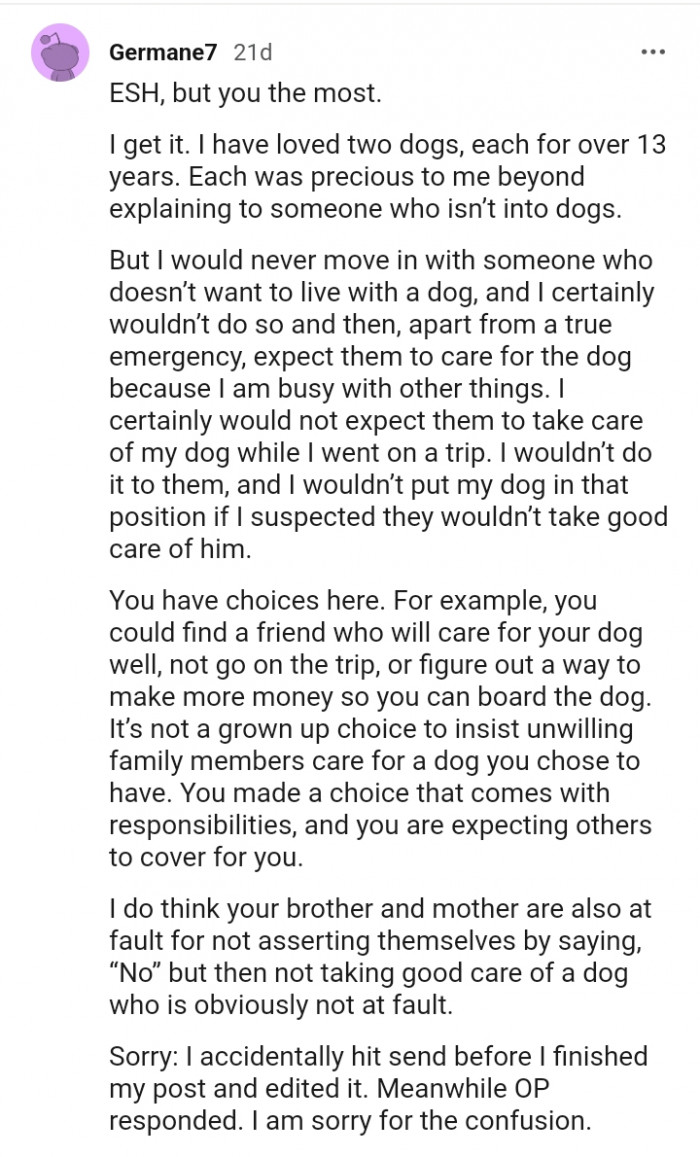 This Redditor is listing out the choices the OP has