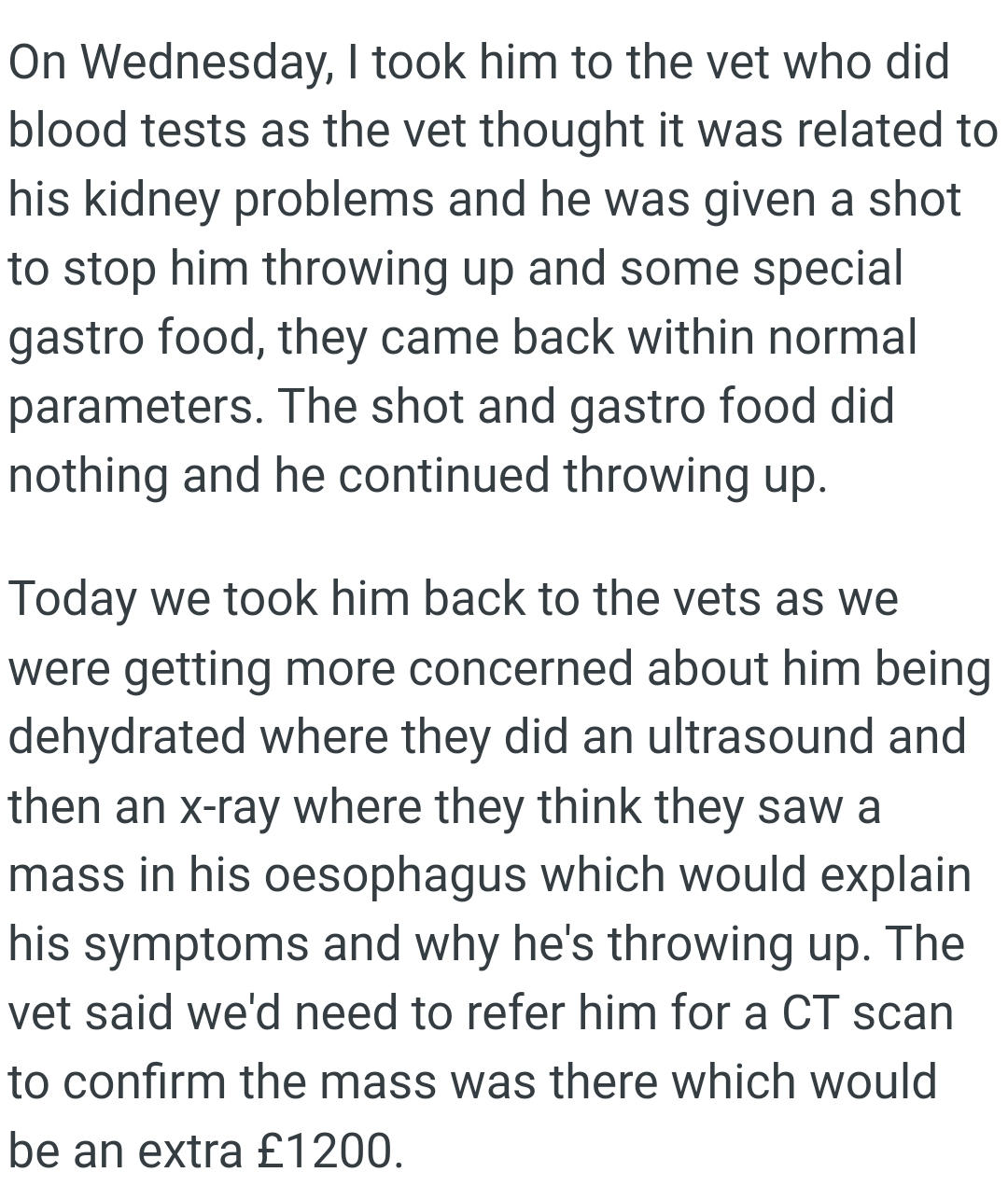 It was related to the cat's kidney problems and he was given a shot