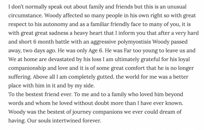 The pain from Woody's untimely passing was palpable in the tribute Tom wrote for him