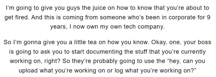 The first sign she mentions is when you higher ups start asking you to document stuff that you're working on